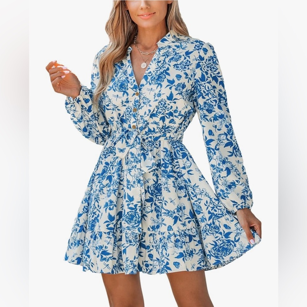 CUPSHE Mini Dress V Neck Button Floral Print Belted Long Sleeve Flounce Hem XL